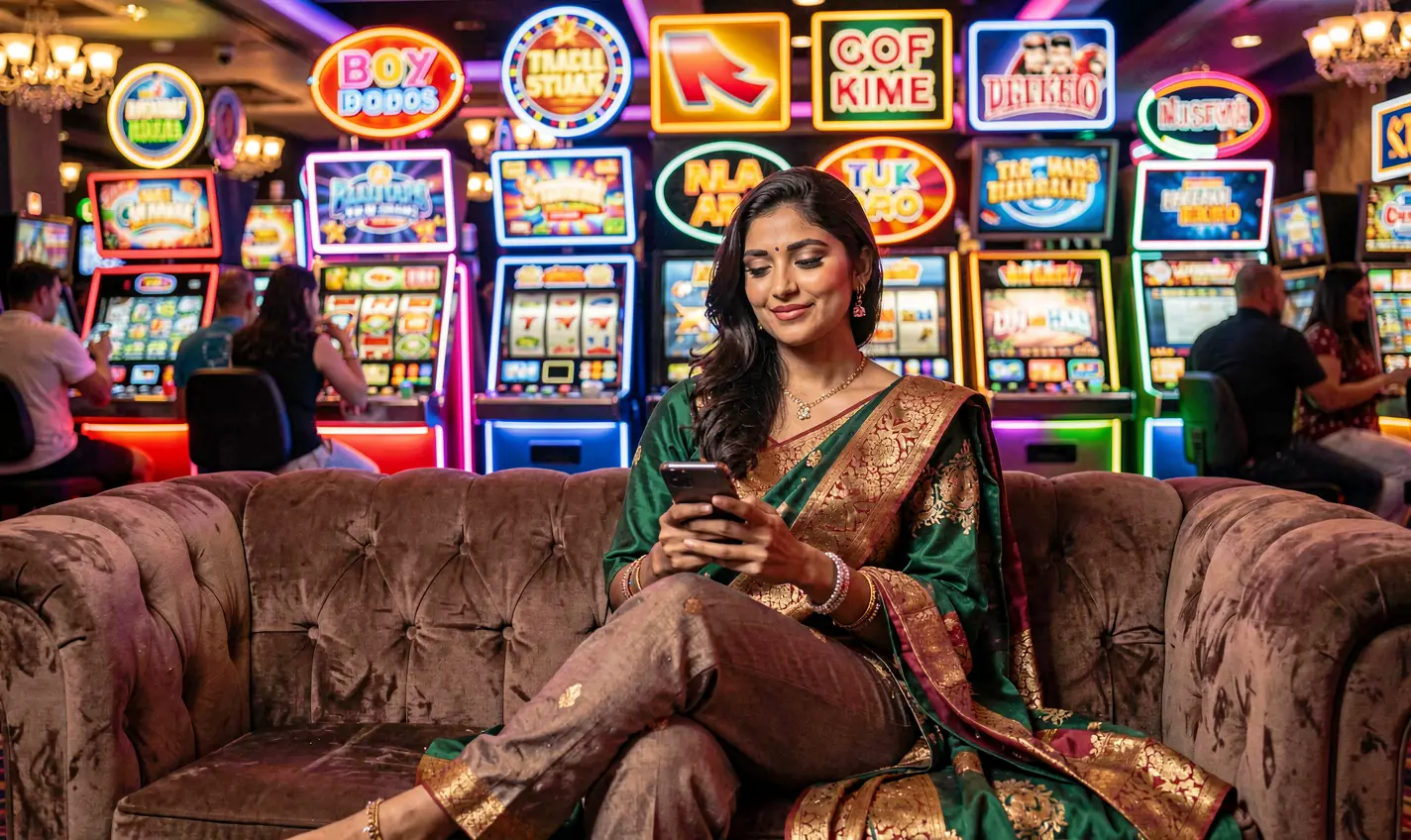 BD488 App – A premium mobile casino experience for players in Bangladesh Attractive Bangladeshi woman relaxing on a sofa while using the BD488 casino app with neon slot symbols glowing behind her