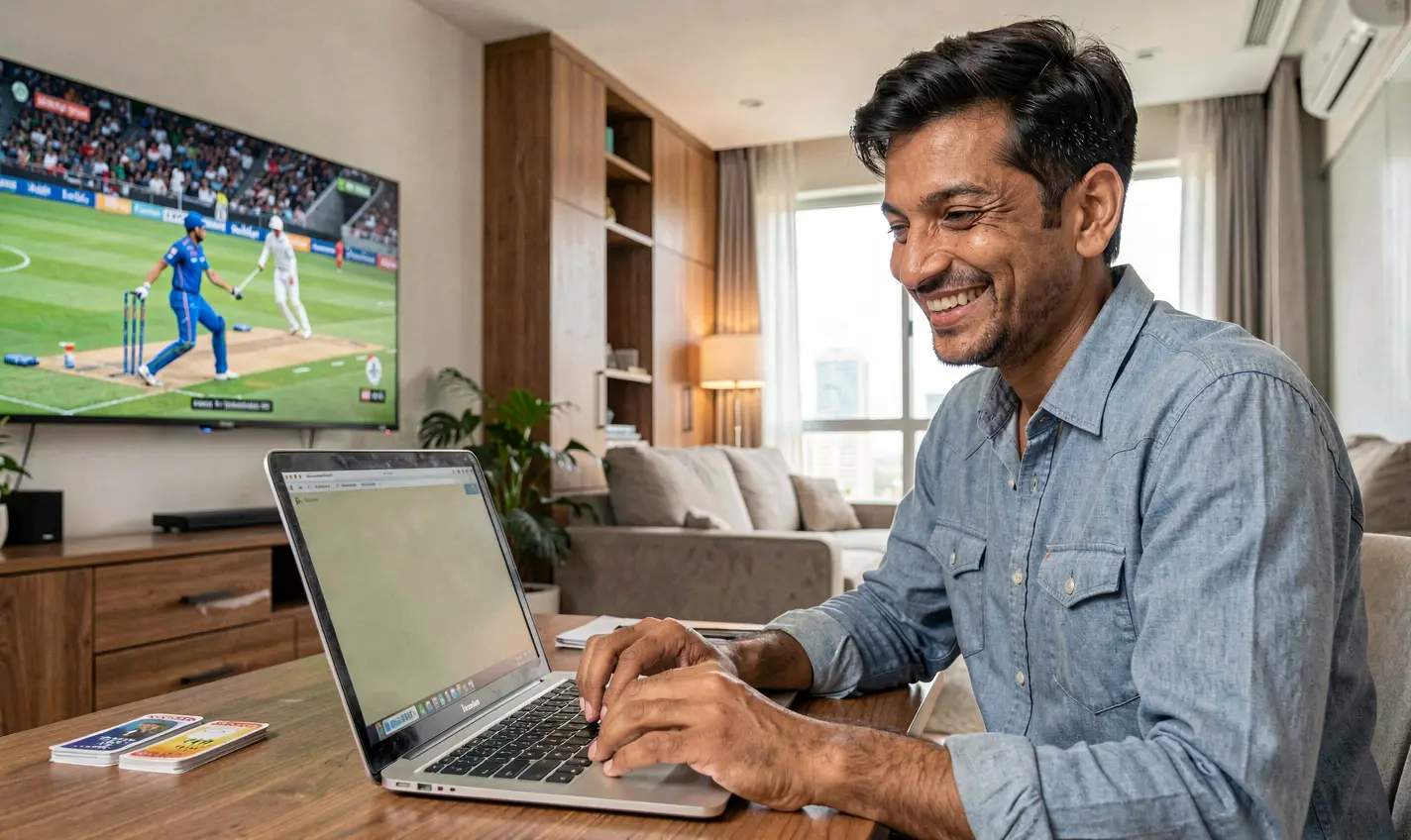 Smiling Bangladeshi man placing live sports bets on a laptop at home while watching a cricket match on TV using BD488
