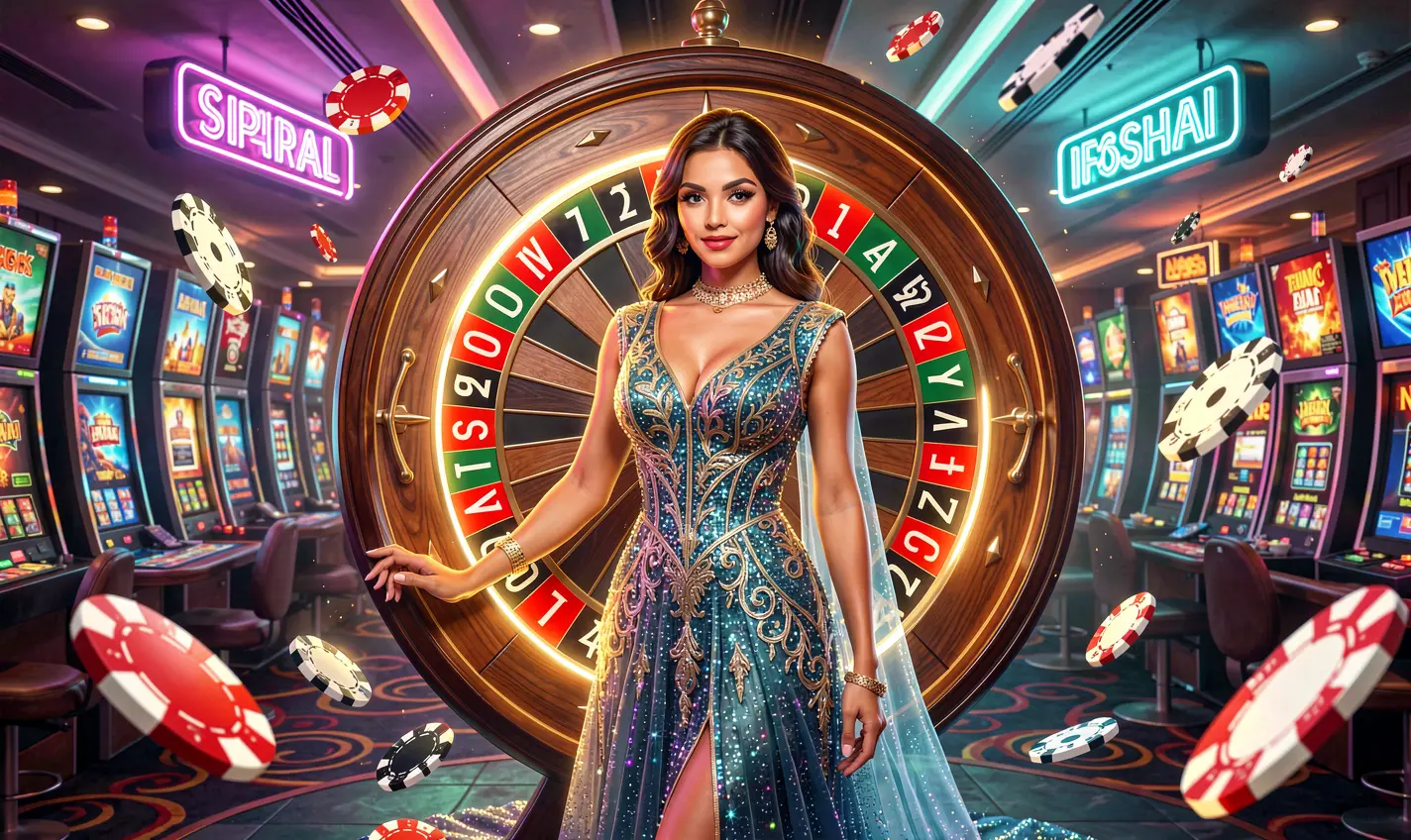 BD488 – Step into a world of luxury casino bonuses in Bangladesh Elegant casino woman in a sparkling dress posing before a glowing roulette wheel with flying chips symbolizing luxury gaming and rewards at BD488 Bangladesh
