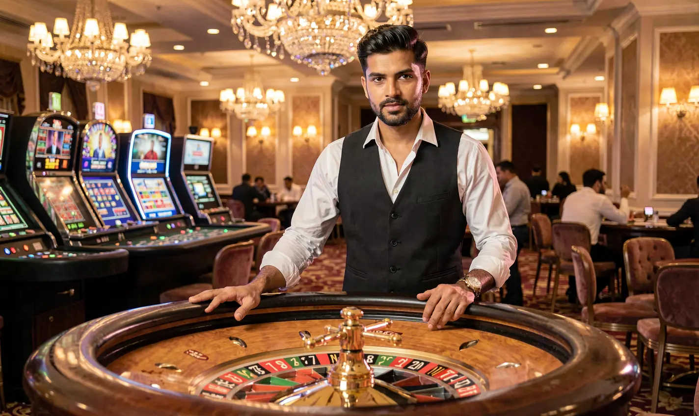 BD488 – Step into a premium live casino experience for Bangladeshi players Confident live casino dealer standing at a modern roulette table with bright lights representing the premium live gaming environment of BD488 in Bangladesh