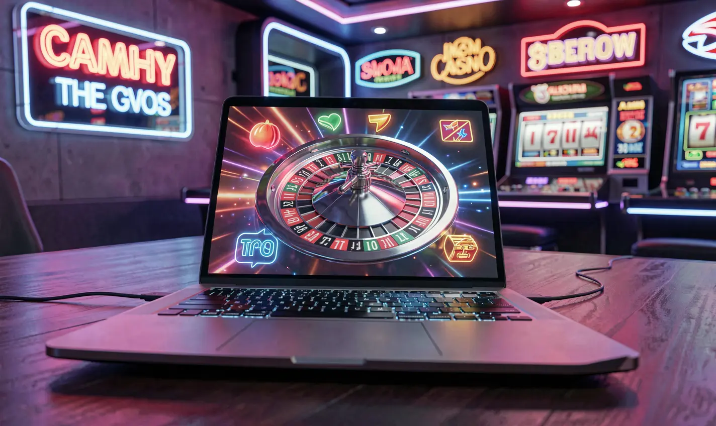 Modern laptop displaying a colorful online roulette wheel with neon casino lights reflecting a premium gaming atmosphere at BD488 for players in Bangladesh