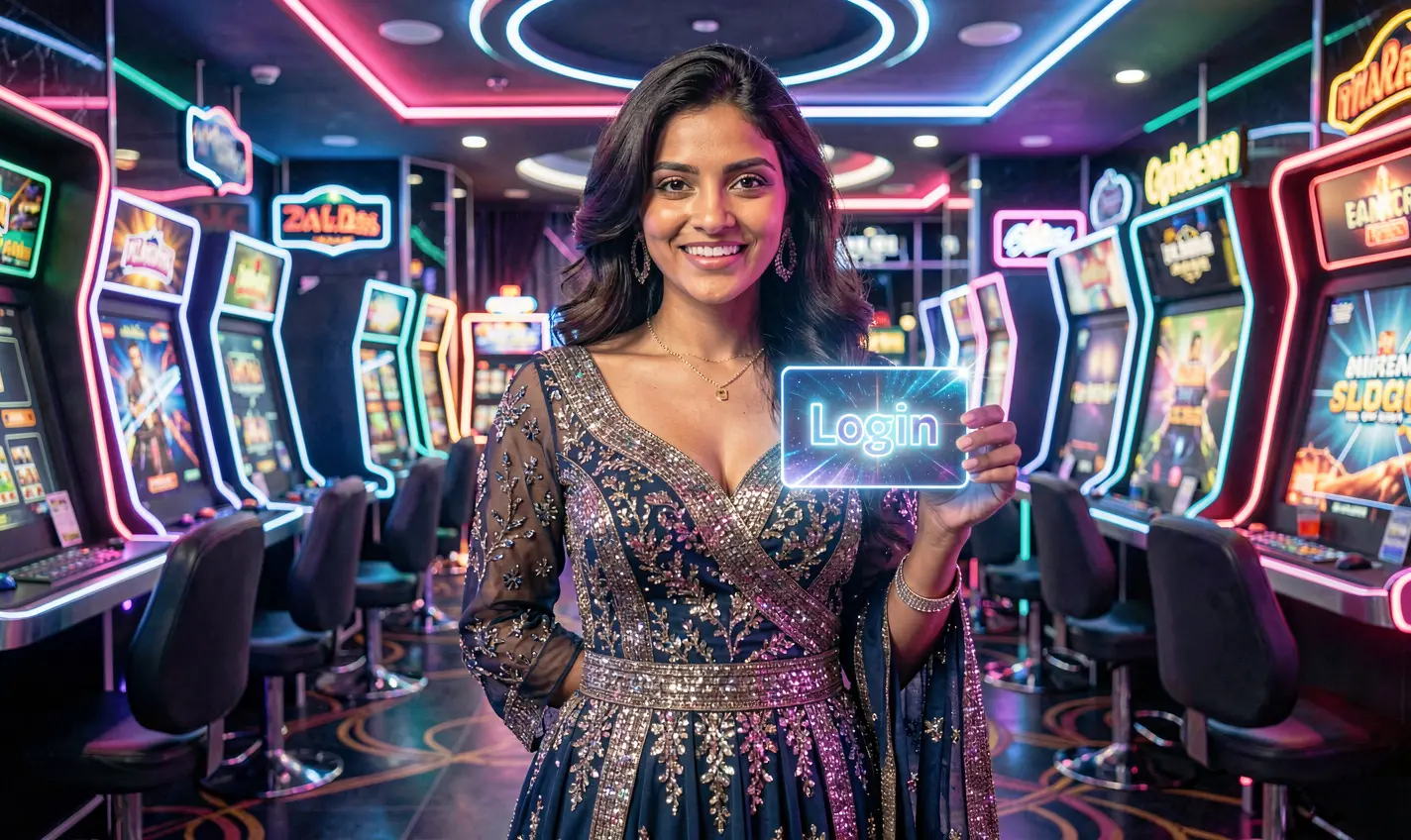 Confident Bangladeshi woman holding a glowing login card in a futuristic casino setting symbolizing secure access at BD488