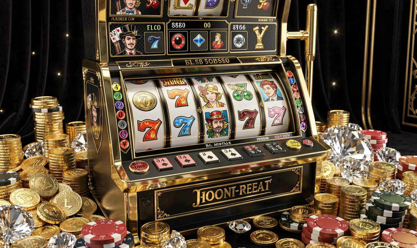 Classic luxury slot machine with golden details and scattered coins representing premium gaming excitement at BD488 online casino in Bangladesh